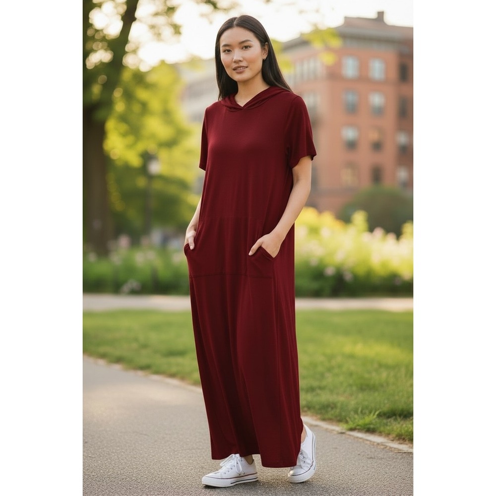 GloryStar Womens Burgundy Hooded Maxi Dress Short Sleeve Kangaroo Pocket Red M